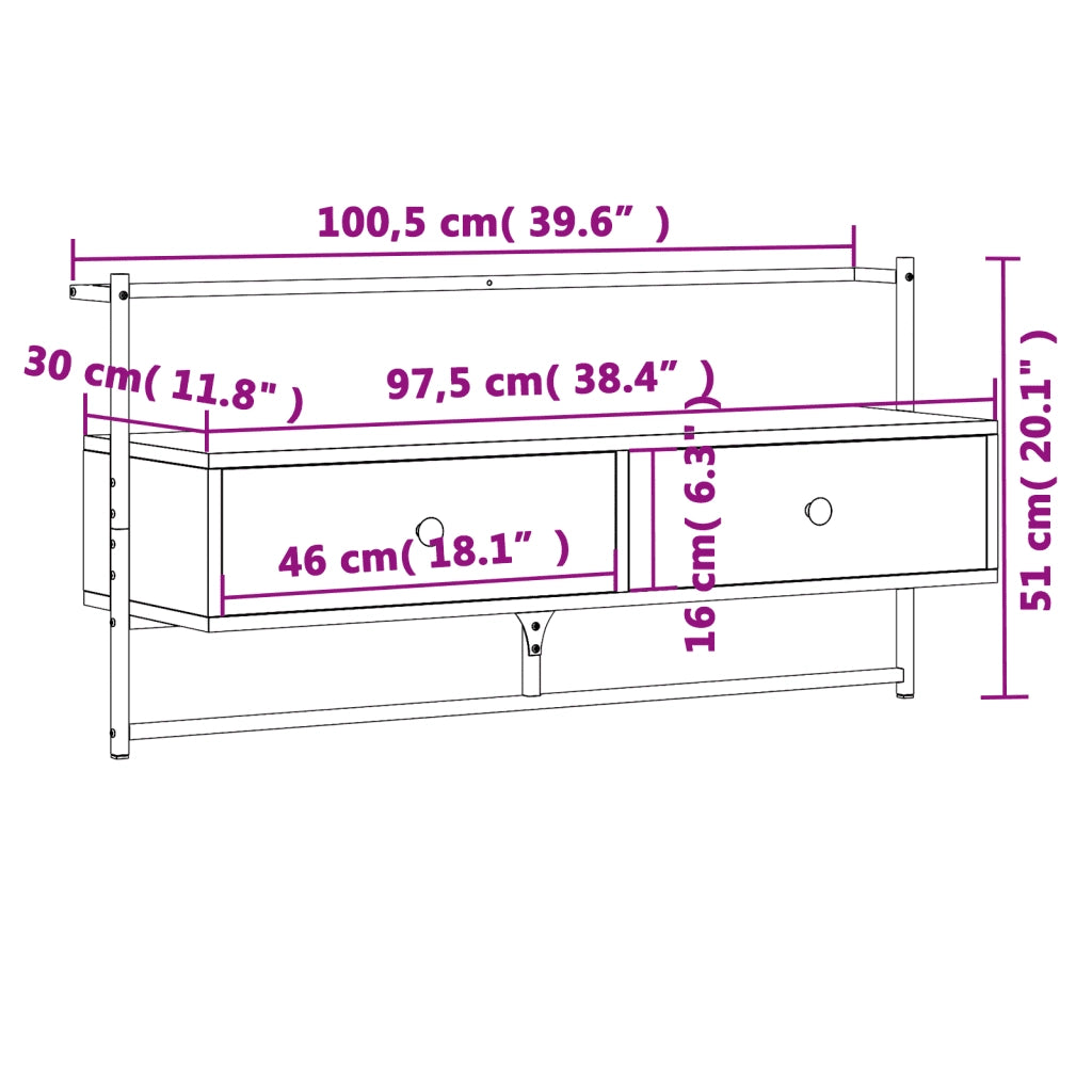 Mobile TV a Muro Rovere Fumo 100,5x30x51 cm Legno Multistrato 833460
