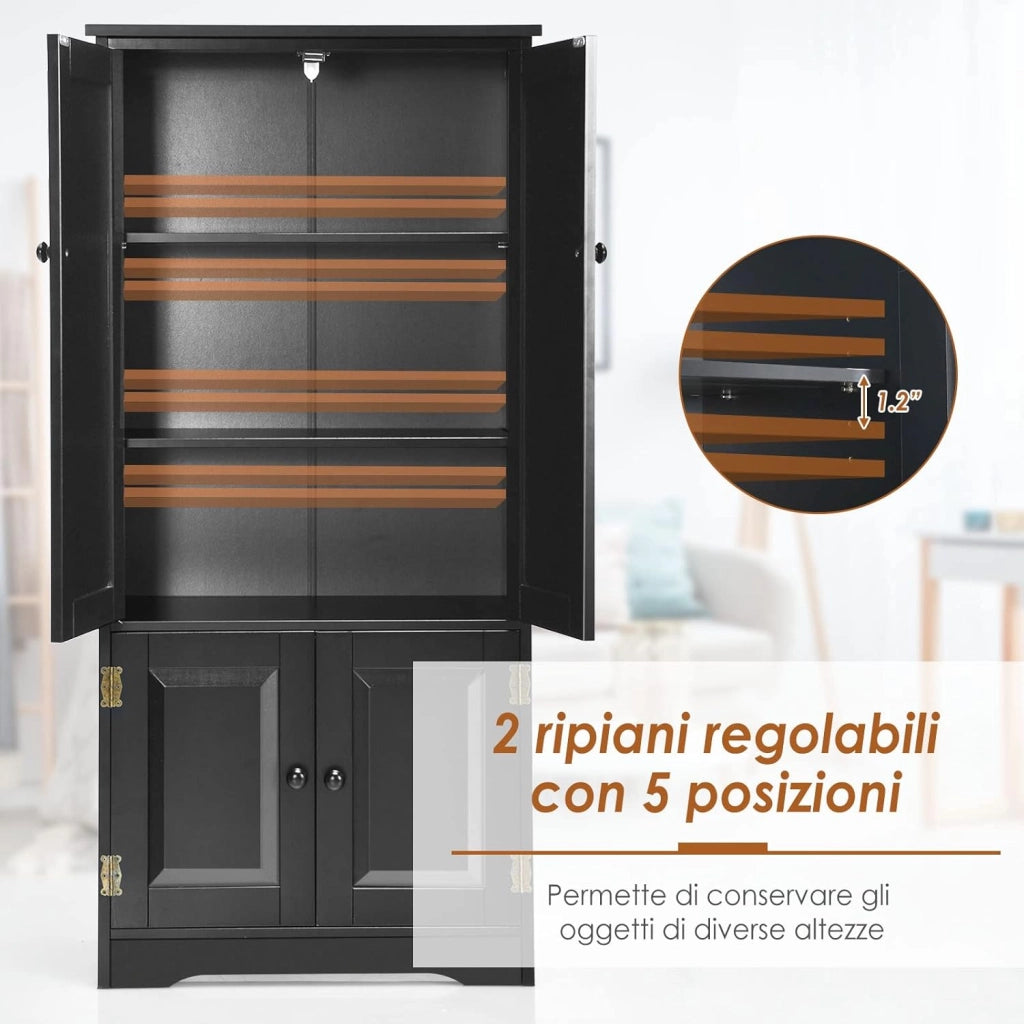 Mobile Multiuso, Armadio da Soggiorno, Credenza da Cucina in Legno, con 4 Ripiani, 58,5 x 31,4 x 123cm, Bianco e Nero (Nero)