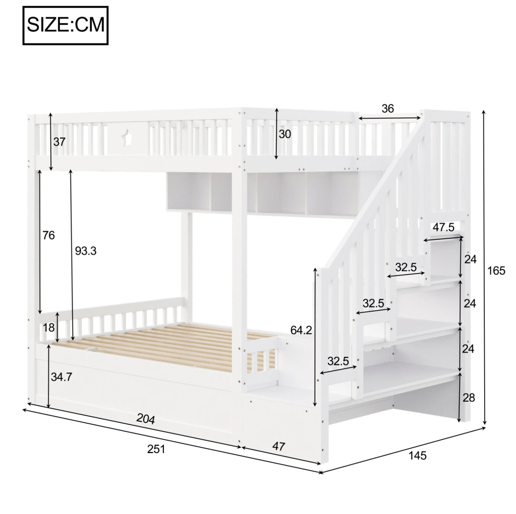 Letto a soppalco 140x200 cm con contenitore idraulico, scala contenitore e scaffali bianco