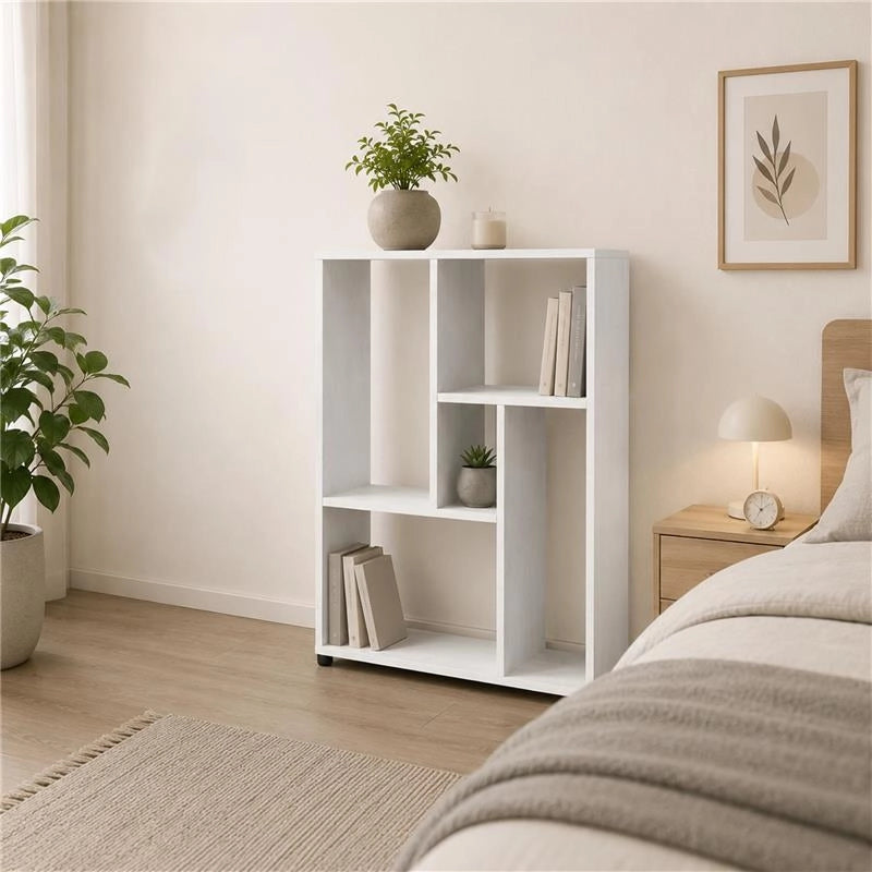 LIBRERIA IN LEGNO BIANCO MODERNA CON CINQUE RIPIANI SFALSATI DIMENSIONI  80X24X82,5 CM