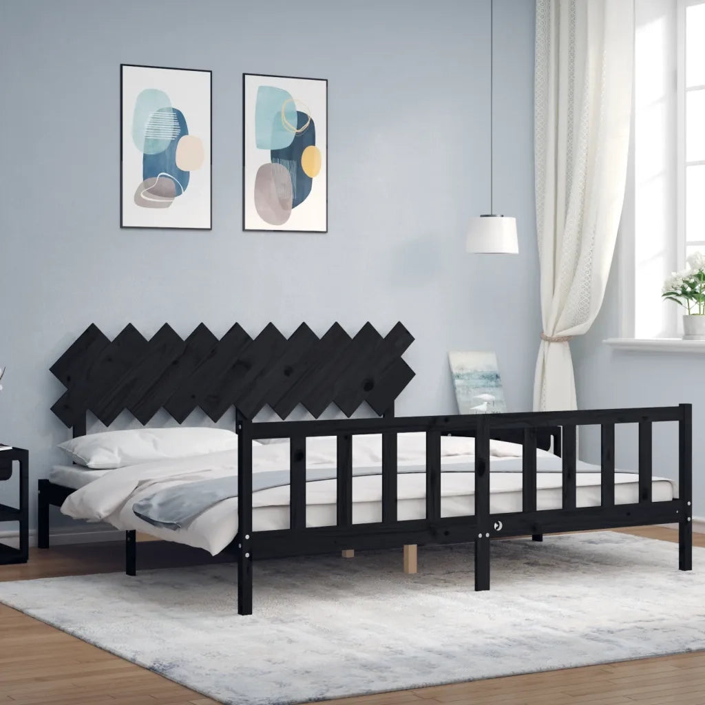 Letto matrimoniale | Letto per adulti | Giroletto con Testiera Nero 200x200 cm in Legno Massello