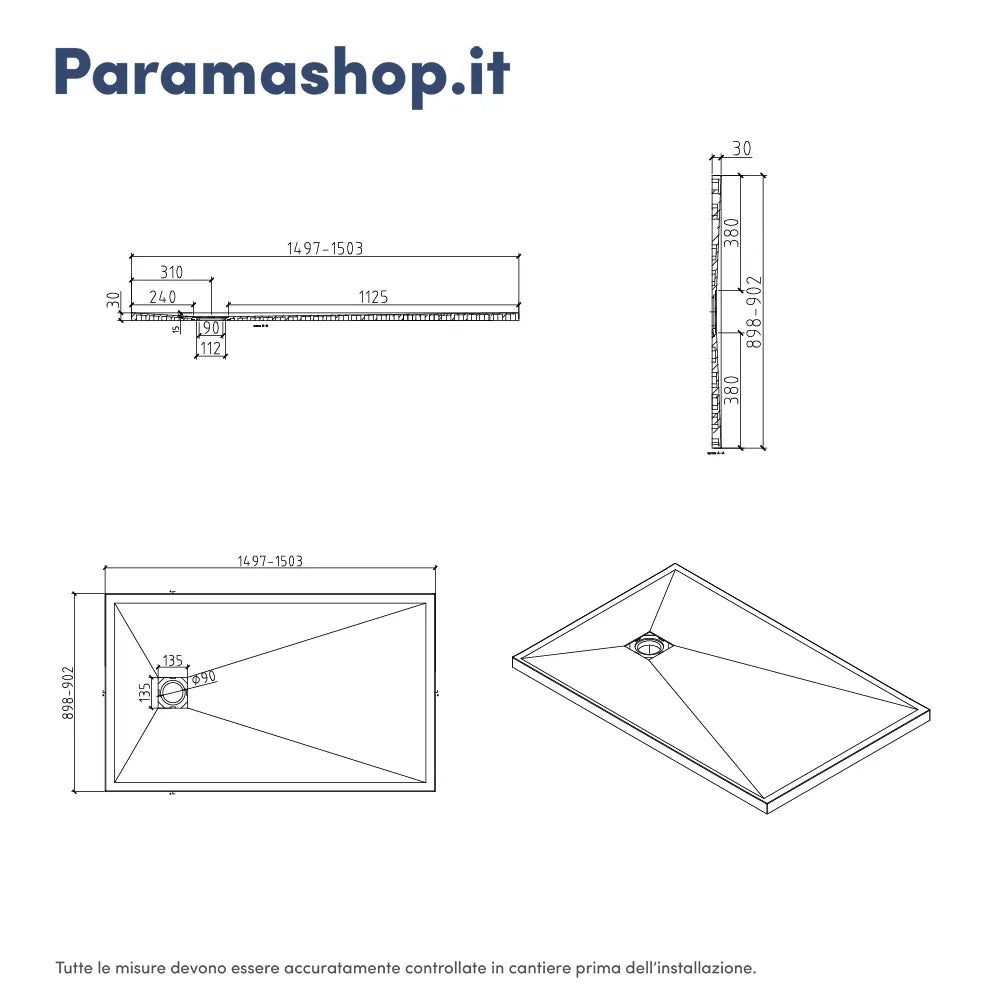 Piatto doccia rettangolare 90x150 cm in marmoresina bianco effetto pietra h3 cm | Milos