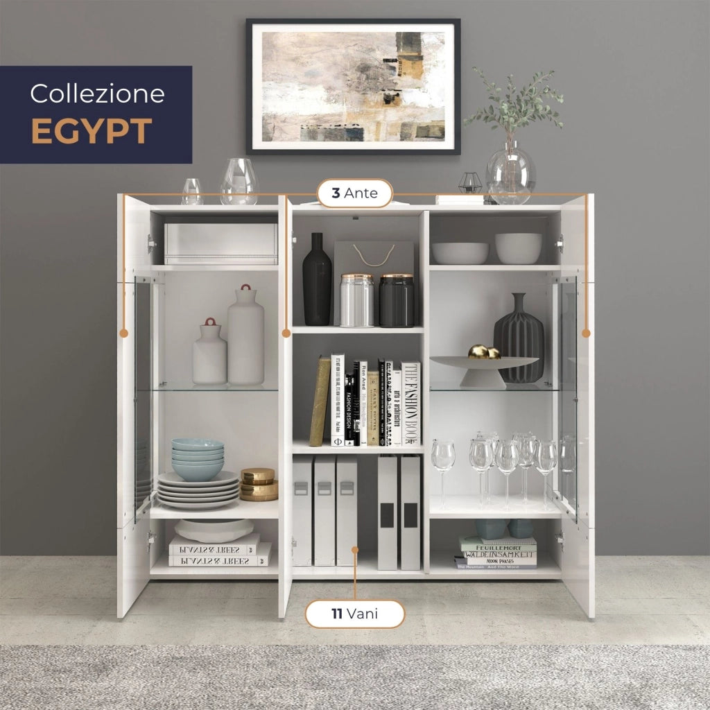 WHOUS Credenza Egypt con 3 ante e inserti in vetro espositivi bianco lucido 135x40x120 cm