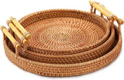 Dienblad a Rete con Maniglie, Tazze Ronde per Servire il Pane per la Sala, Tavolo Decorativo con Rete di Canne intrecciate con Maniglie per Frutta, Verdure, Spuntini (10", 9", 8")