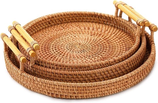 Dienblad a Rete con Maniglie, Tazze Ronde per Servire il Pane per la Sala, Tavolo Decorativo con Rete di Canne intrecciate con Maniglie per Frutta, Verdure, Spuntini (10", 9", 8")