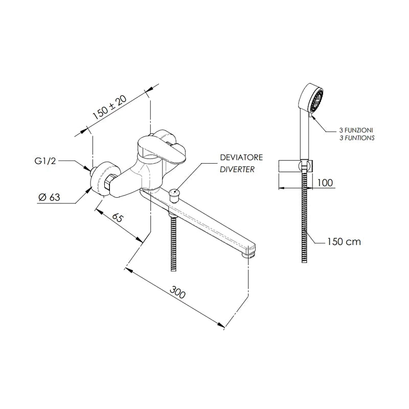 Rubinetto lavabo/vasca con canna fusa e deviatore, con kit doccia serie class line