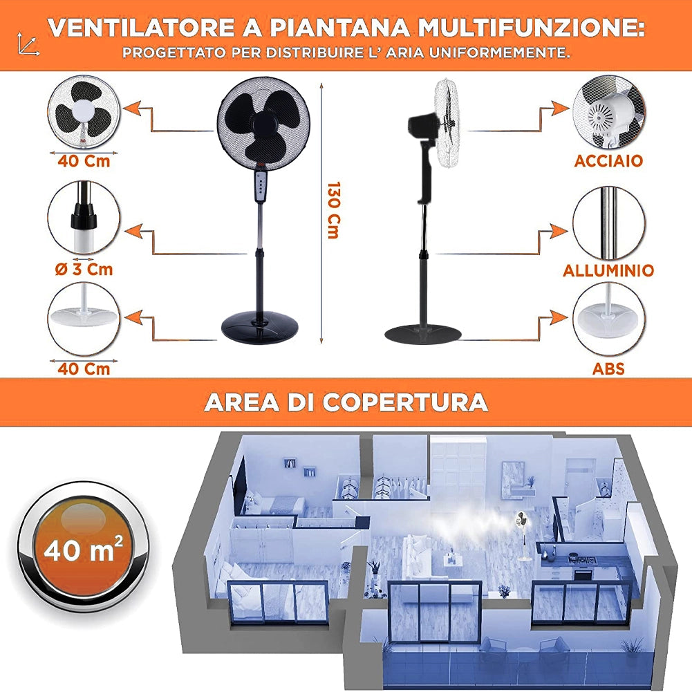 Ventilatore Colonna Piantana 50W 40cm 3 Velocità Telecomando Timer Regolabile