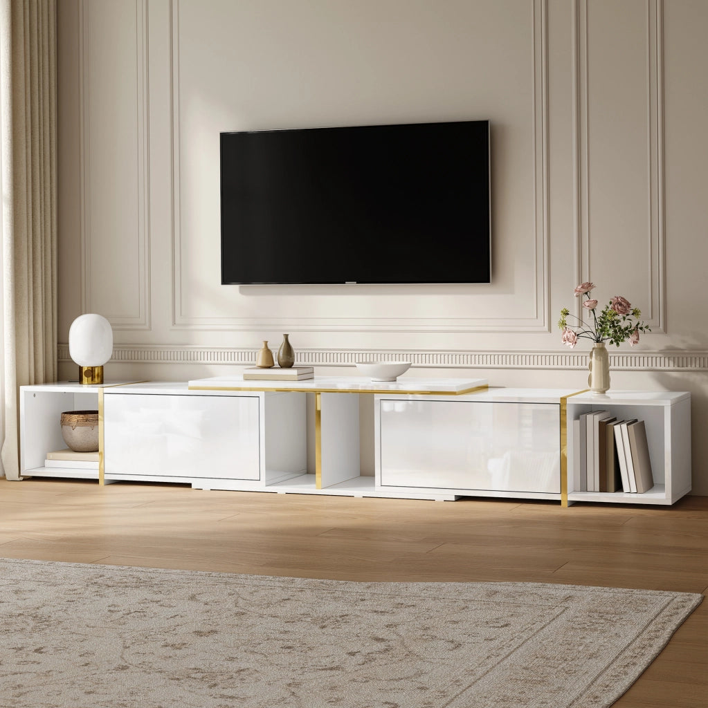 Mobile TV estensibile in truciolare bianco con frontali lucidi e vani aperti