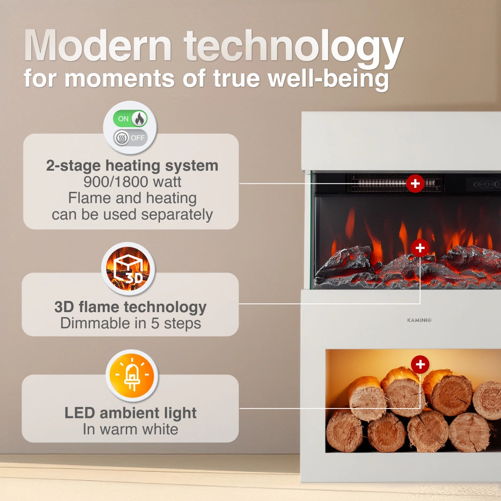 KAMINIO Camino elettrico HENRI - Stufa elettrica con riscaldamento, effetto fiamma 3D, luce ambiente a LED, scomparto de legno, telecomando - Bianco