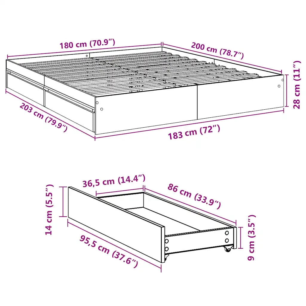Giroletto Cassetti Grigio Cemento 180x200 cm Legno Multistrato