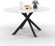Tavolo da pranzo rotondo allungabile ALIX, 4-8 persone, gamba a ragno in metallo nero, piano effetto marmo ALASKA, 110-150 cm