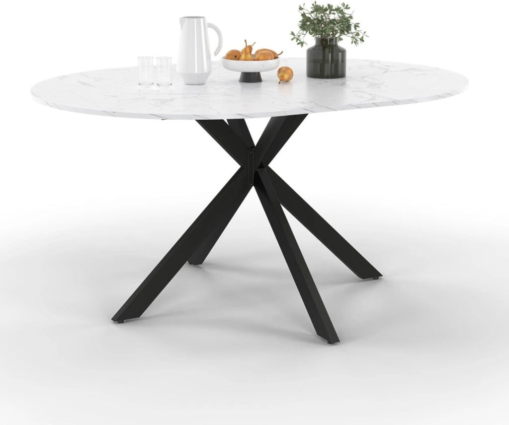 Tavolo da pranzo rotondo allungabile ALIX, 4-8 persone, gamba a ragno in metallo nero, piano effetto marmo ALASKA, 110-150 cm