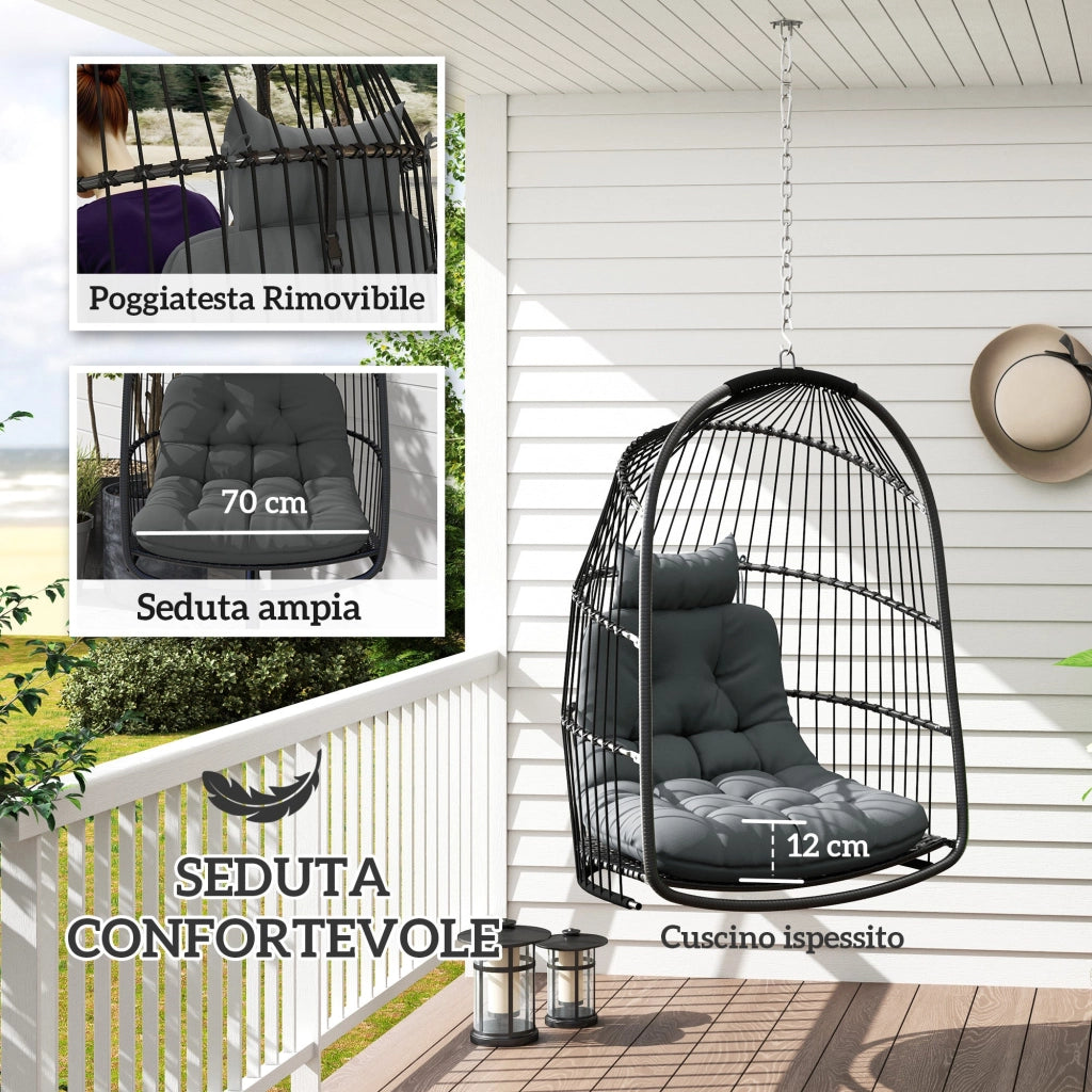 Amaca Poltrona Sospesa a Dondolo Pieghevole 74x68x105A cm da Interno ed Esterno Grigio Scuro