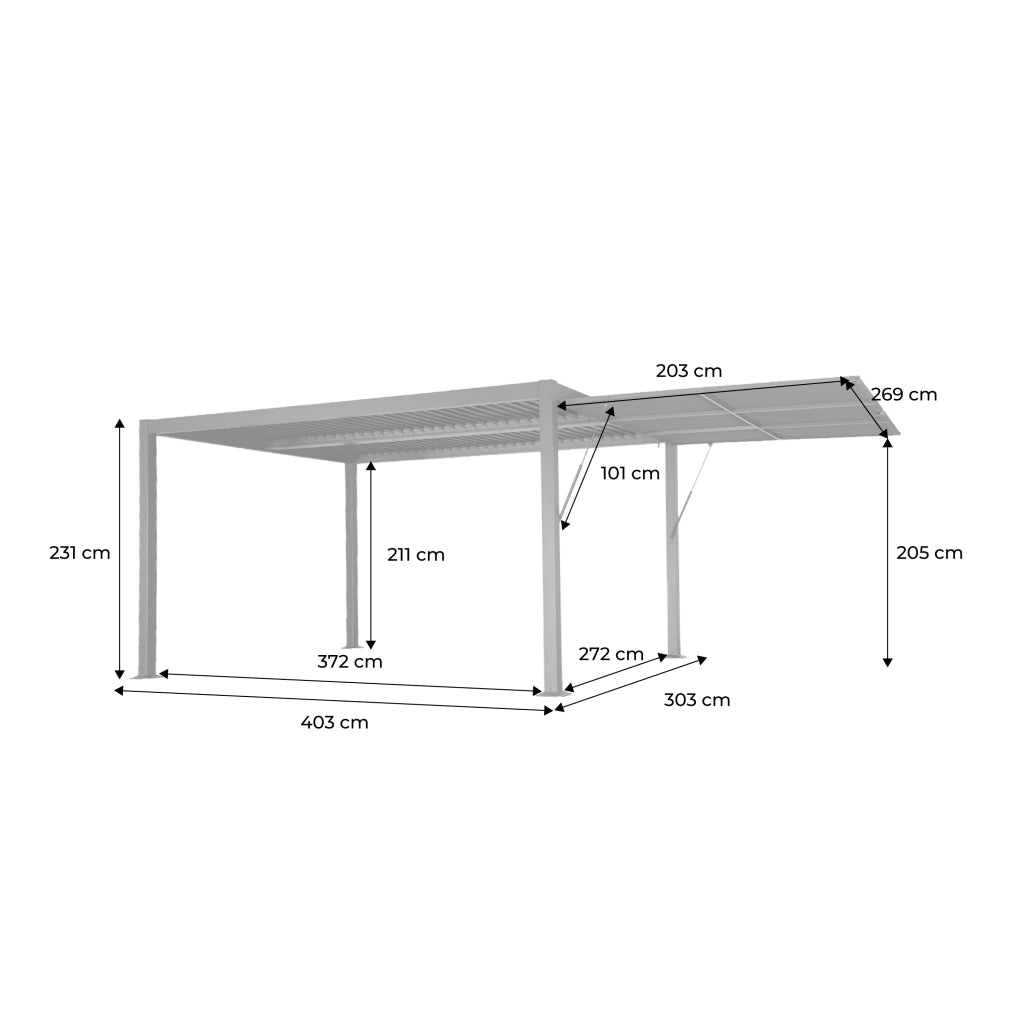 Pergola bioclimatica 3x4m in alluminio e acciaio + tenda 3m, antracite