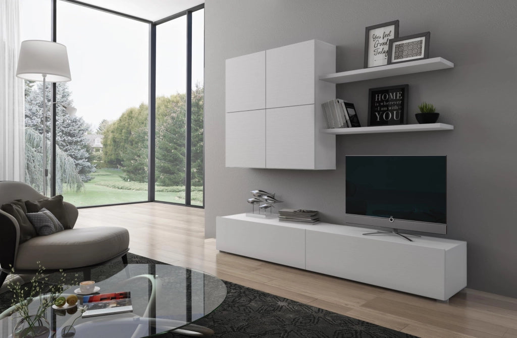 Parete Attrezzata Soggiorno Moderna Con Base TV Due Ante Pensile Quattro Ante E Due Mensole In Melaminico Facile Da Pulire Design Contemporaneo 200 X 194 X 40 Cm Bianco Effetto Legno