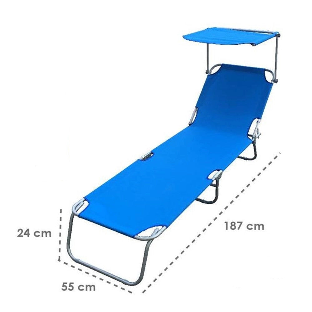 Trade Shop - Lettino Con Tettuccio Parasole Blu Sdraio Prendisole 187x55x24 Cm Pieghevole 281018 -