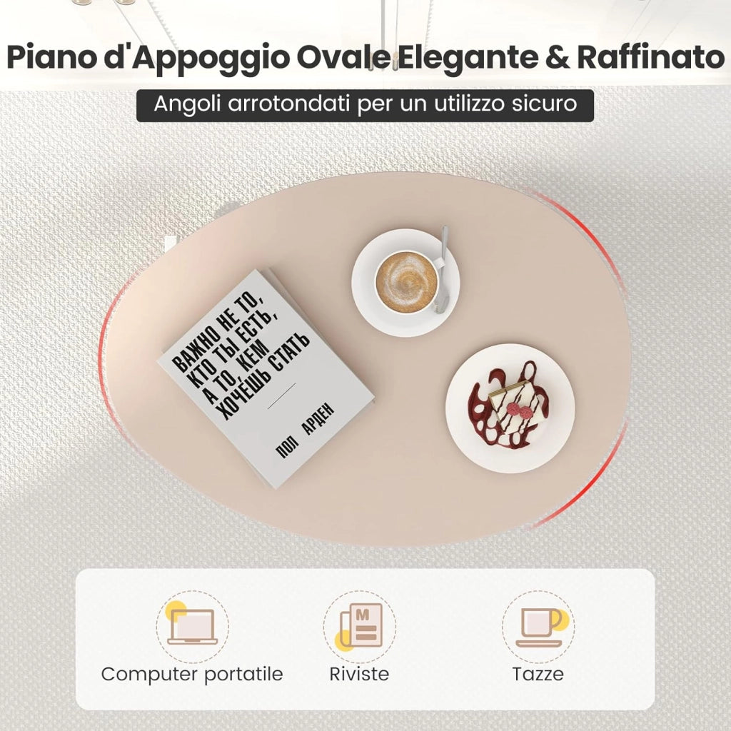 Tavolino da Letto e Divano per PC, Tavolino Regolabile in Altezza con Ruote Bloccabili e Piano Ovale, Tavolino per Mangiare e Lavorare, 76 x 50 x 74-108 cm