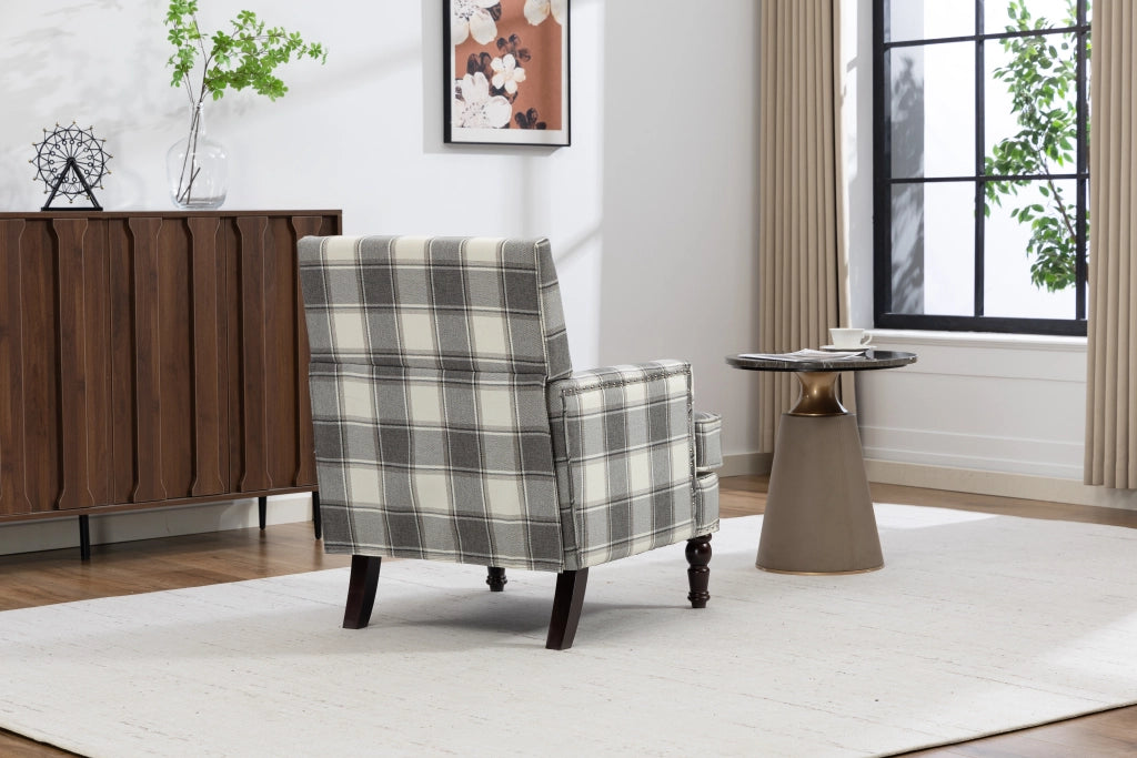 Sedia accent in stile vintage con rivestimento a righe bianco e grigio, struttura in legno e montaggio facile