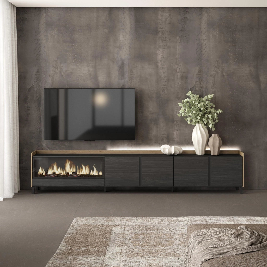 Mobile TV Soggiorno, 315x61x35 cm, Per TV fino a 80", Camino elettrico XXL, Design industriale, LED, Nero e rovere