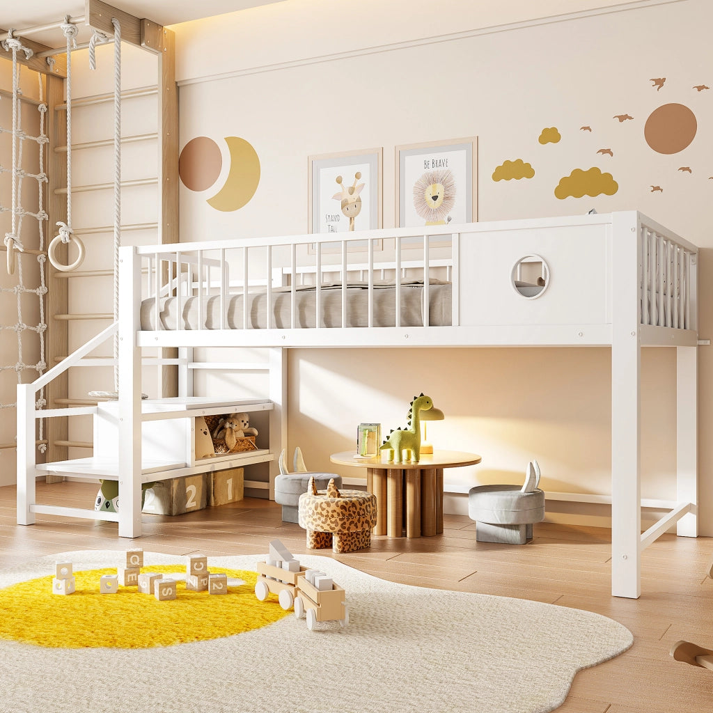 Letto a soppalco basso per bambini 90x200 cm in metallo, con scala contenitore, bianco
