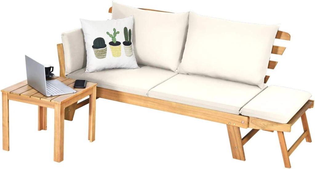 Divano Esterno a 2 Posti, in Legno di Acacia, Lettino Giardino con Braccioli Regolabili, Sdraio da Giardino con Cuscini, Chaise Longue per Giardino, Piscina, Cortile (Bianco)