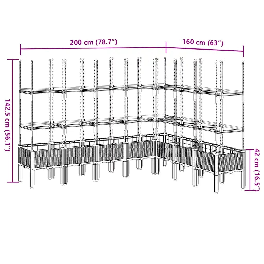 Fioriera | Cassetta per fiori | Vaso Giardino con Traliccio Grigio 200x160x142,5 cm PP