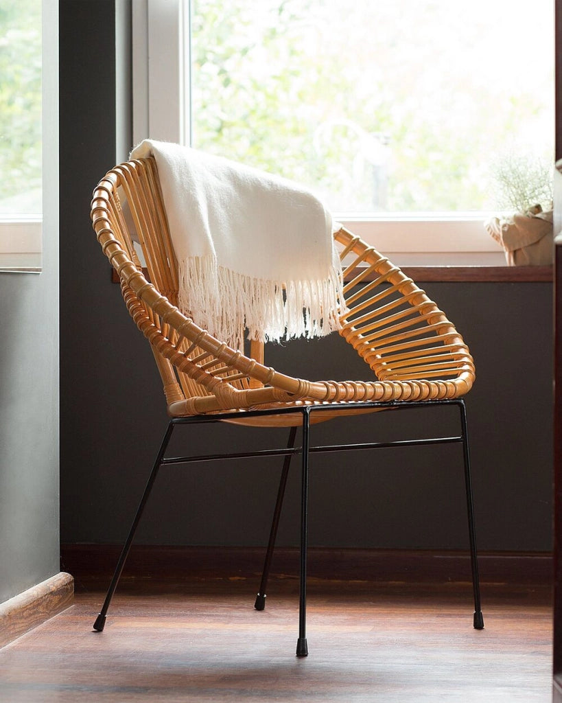 Poltrona Rattan Sabbia Beige Vimini Nero Gambe Metallo Papasan Soggiorno Sala da pranzo
