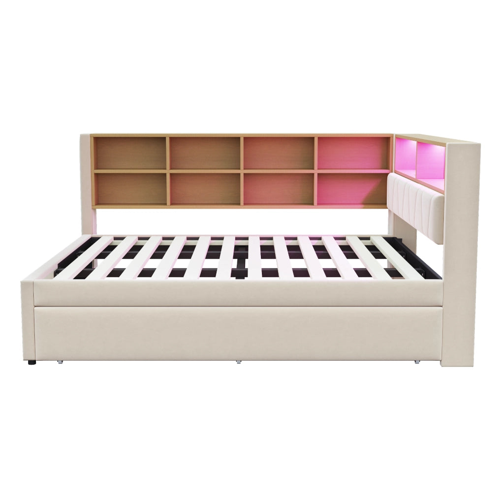 Divano letto multifunzionale 140x200 cm con letto estraibile 90x190 cm; LED e prese; beige