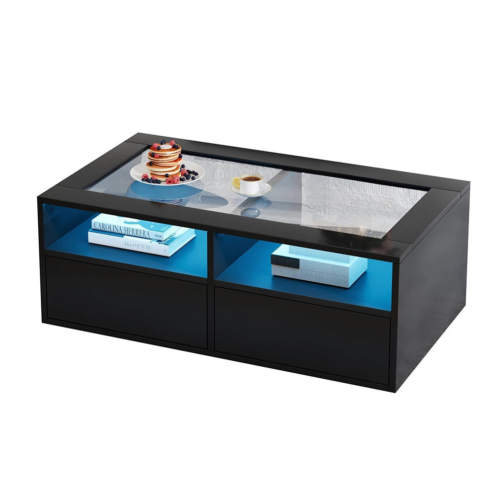 Tavolino LED - Xylo - 100x50cm vetro 2 cassetti nero