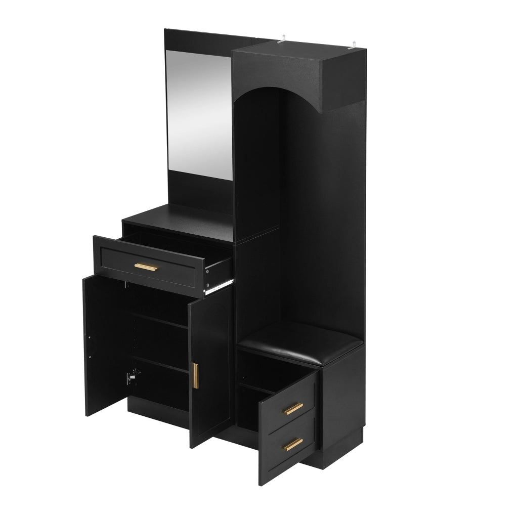 Mobile da ingresso ULEVR 110x33x185,5 cm con specchio, scarpiera, panca e ripiani regolabili, nero