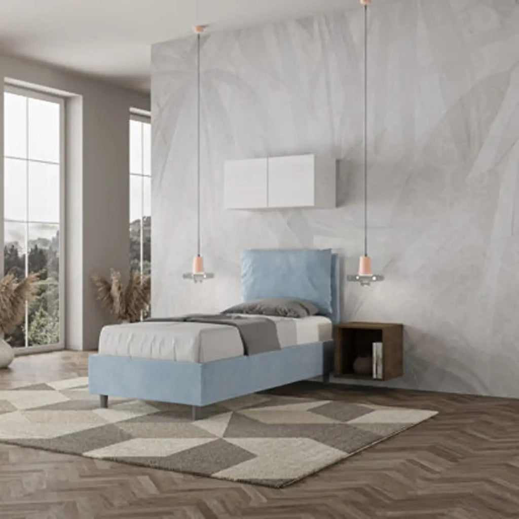 Letto singolo contenitore imbottito 80x200 microfibra azzurro Antea