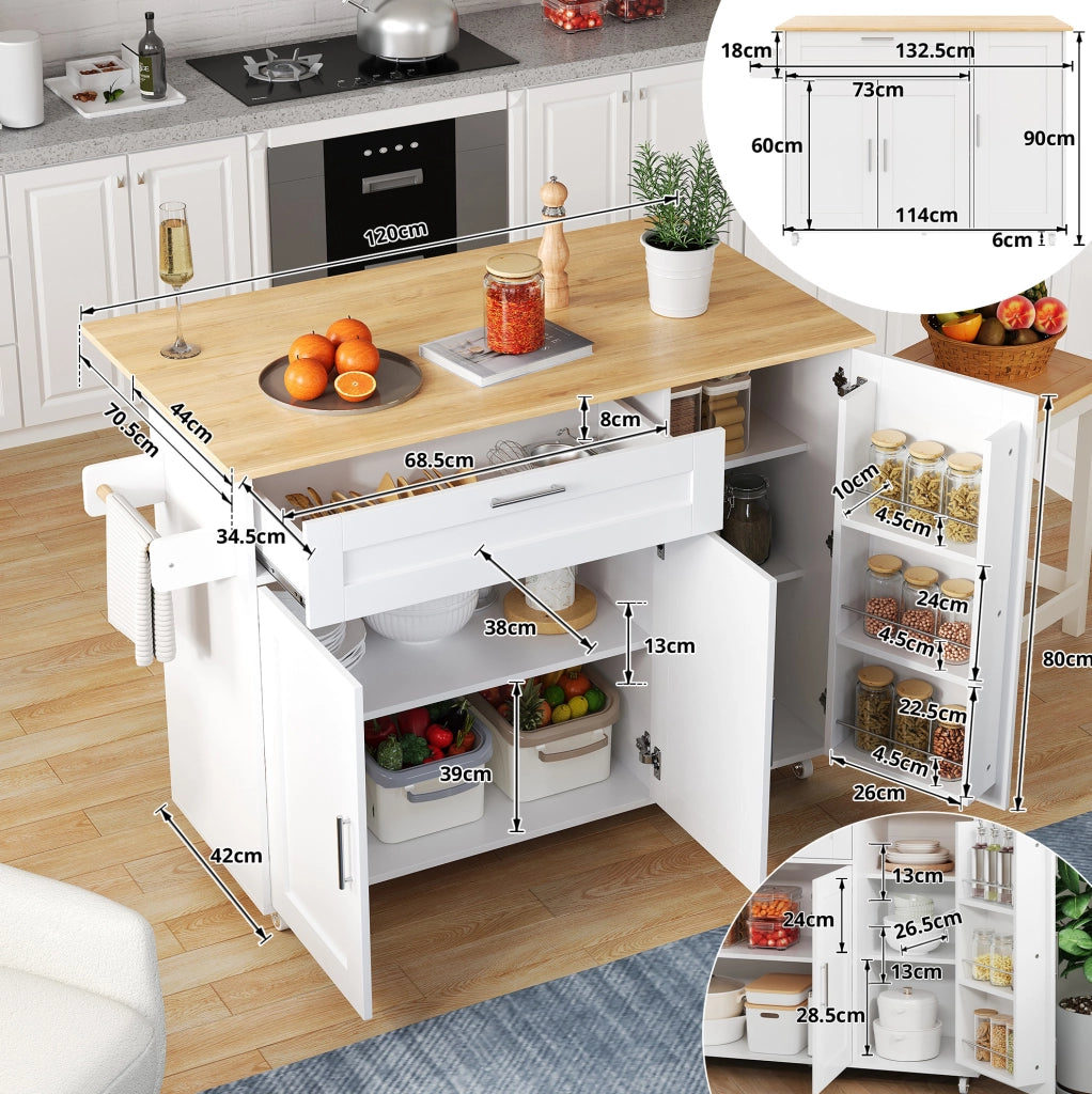Carrello da cucina 132.5x44(70)x90 cm con piano pieghevole; 5 ruote; MDF bianco naturale