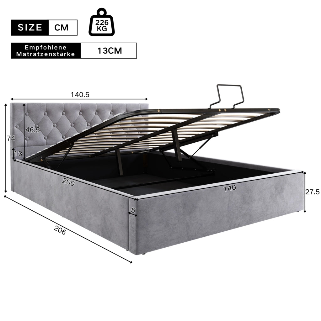 Letto matrimoniale 140x200 cm in velluto grigio con testiera capitonn茅 e contenitore idraulico