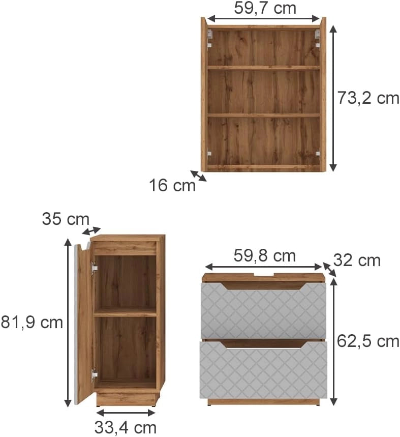 Set di mobili da bagno Lotta, Rovere/grigio con struttura in piastrelle, 3 parti