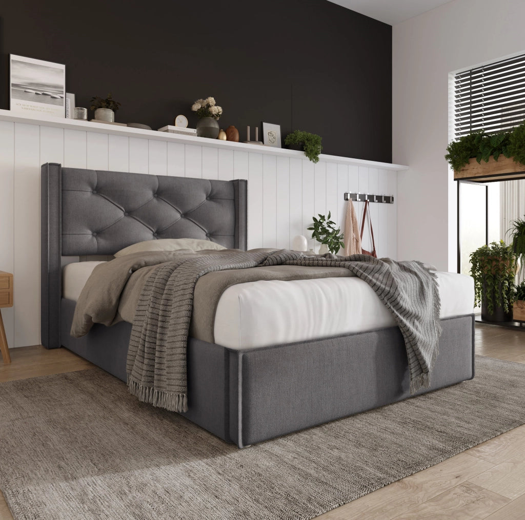 Letto singolo imbottito 90x200 cm con contenitore e testiera trapuntata
