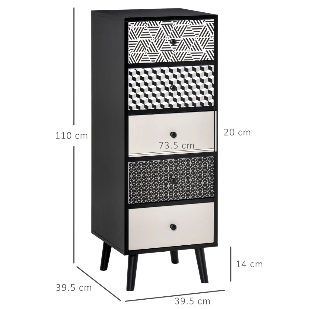 Cassettiera 5 Cassetti 39,5x39,5x110 cm in MDF Nera e Grigia