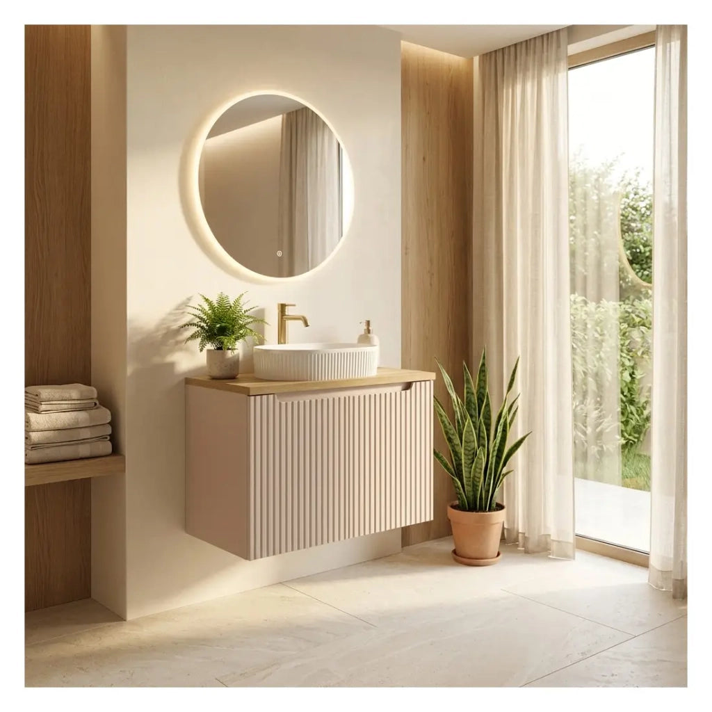 Set da bagno VANO cachemire e quercia 80cm: mobile sottolavabo con ante scanalate verticalmente + piano per lavabo