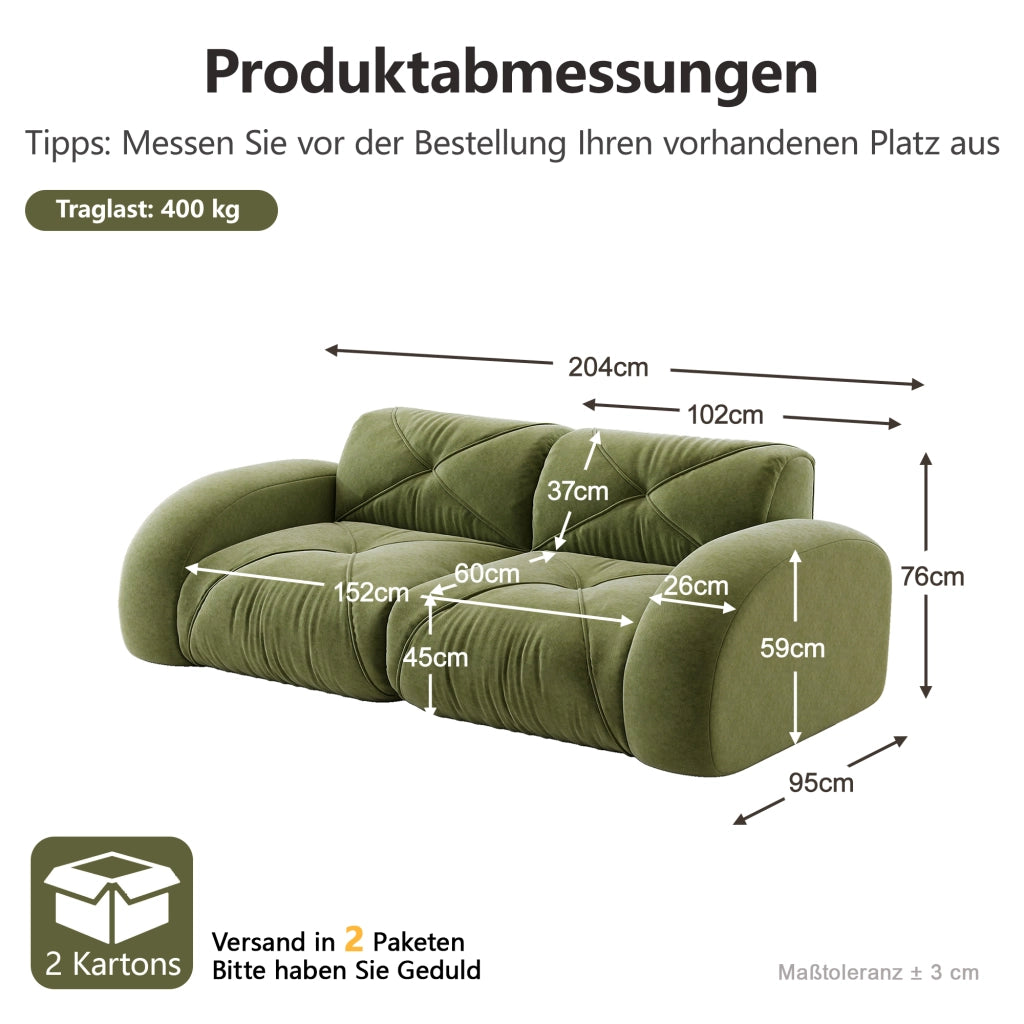Divano modulare a 2 posti in chenille verde senza struttura con schiuma 32D 76 × 204 × 95 cm