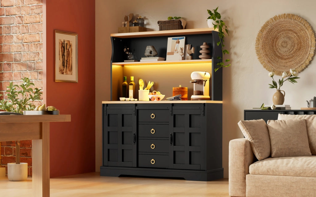 Mobile da cucina 120x40x150 cm con LED RGB; 4 cassetti; ante scorrevoli in MDF nero