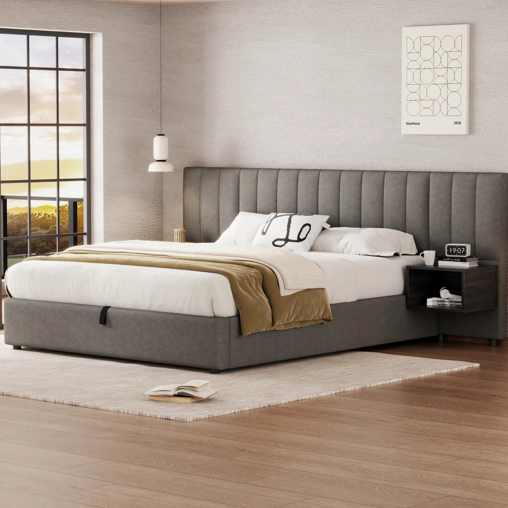 Letto 160x200 cm con contenitore ad apertura idraulica e 2 comodini; lino grigio e nero