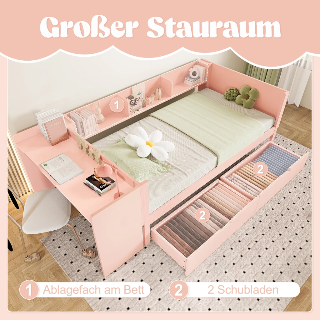 Letto basso con scrivania in pino e truciolare 90x200 cm