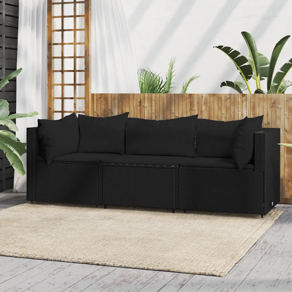 Set Divani da Giardino 3 pz | Set Salotto da Giardino con Cuscini Nero in Polyrattan
