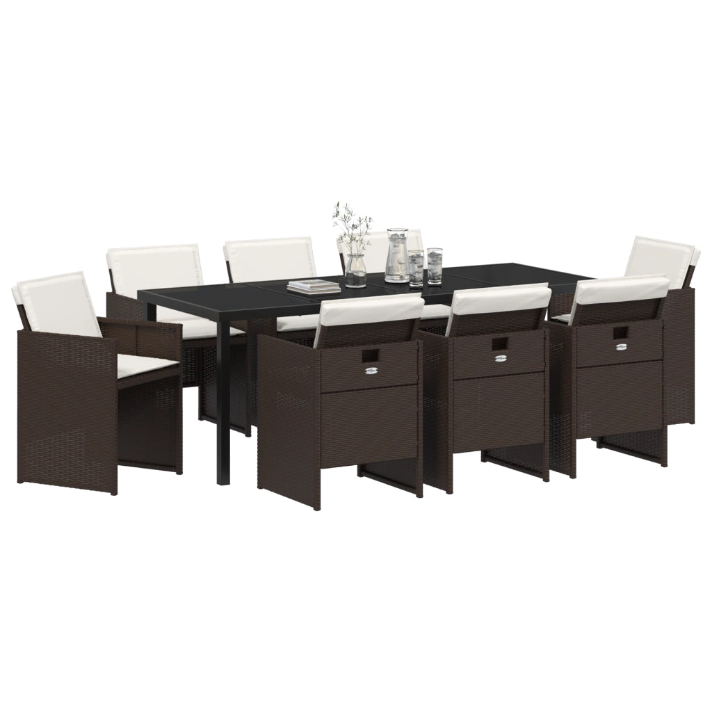 Set da Pranzo per Giardino 9 Pezzi con Cuscini Rattan Polimerico Marrone