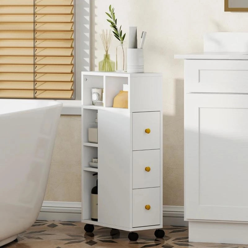 MOBILETTO BAGNO SALVASPAZIO CON RUOTE, 3 CASSETTI E 5 VANI CON RIPIANI REGOLABILI, 20X40X80 CM, BIANCO
