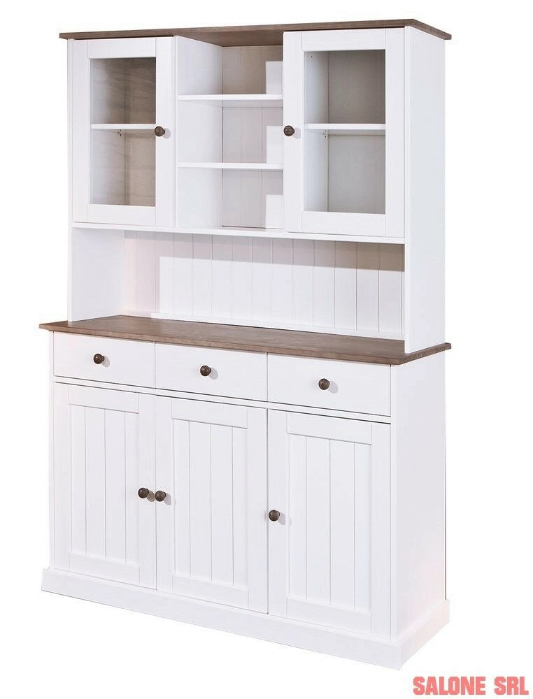 MOBILE SOGGIORNO CREDENZA WESTERLAND 5ANTE+3CASSETTI 131x45x181H PINO MASSELLO VERNICIATO A ACQUA BIANCO +TOP E FINITURE MARRONE
