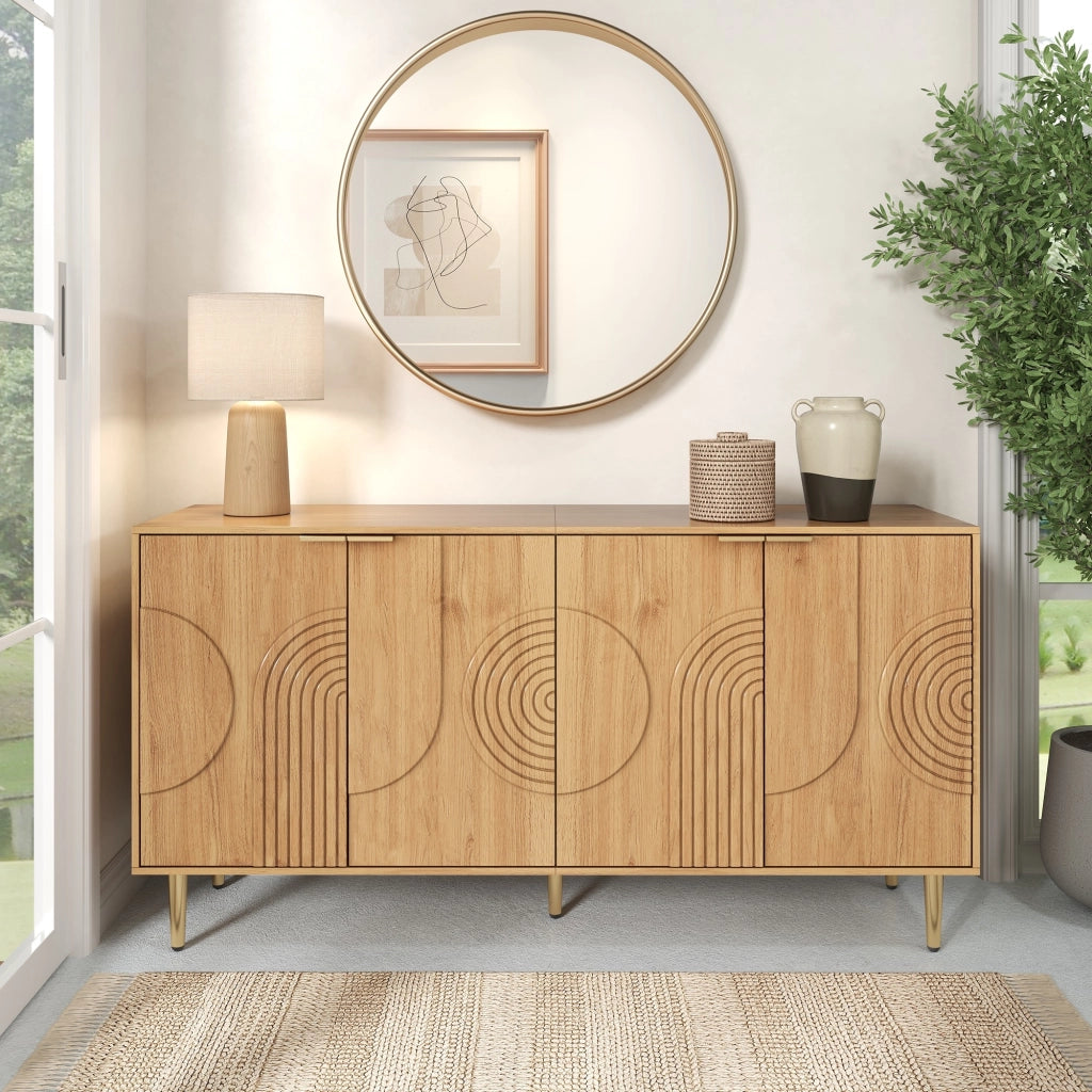 OKWISH Madia con 4 ante e ripiani regolabili, gambe in metallo, per soggiorno o sala da pranzo, MDF, naturale, 140 x 40 x 72 cm