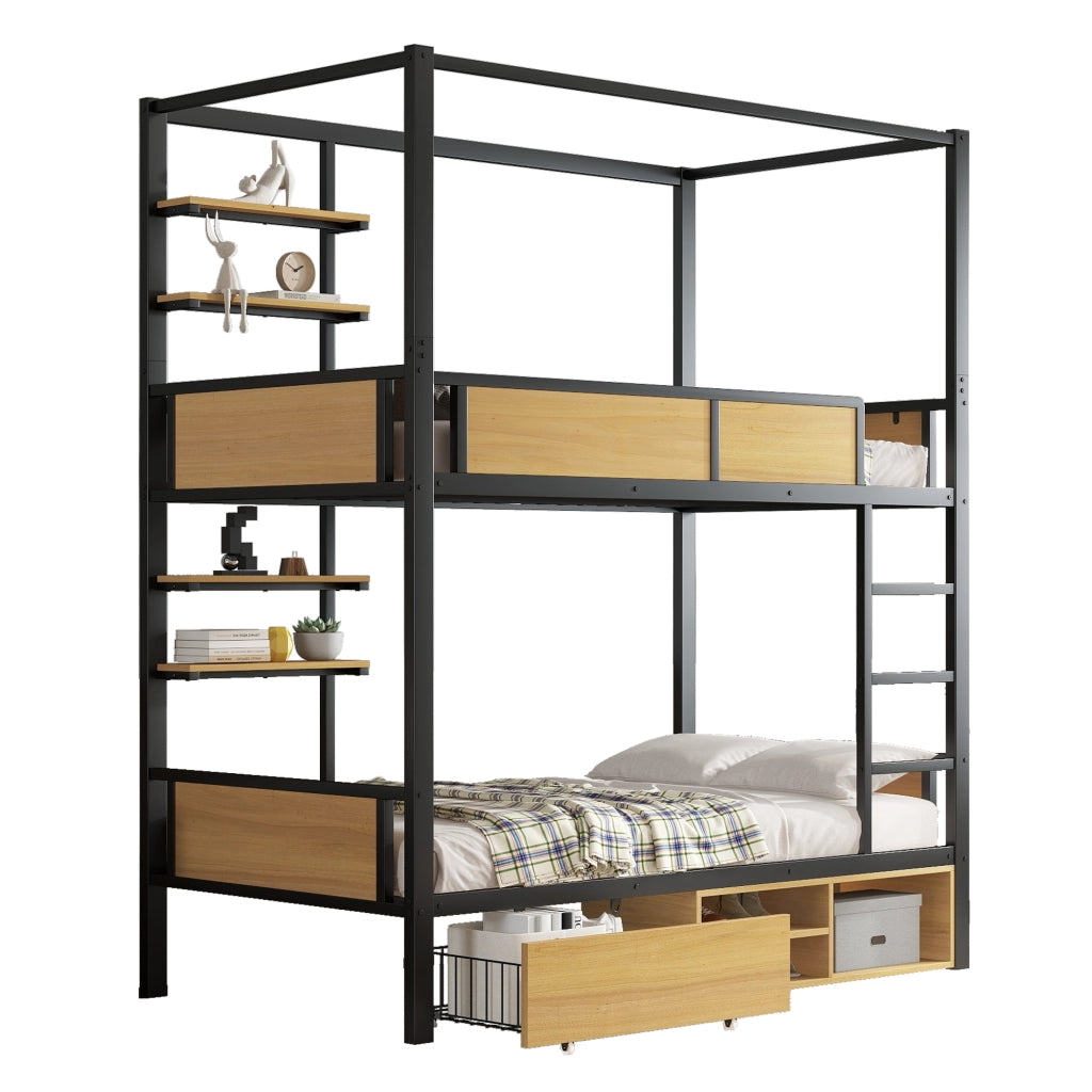 OKWISH Letto a castello 90×200 cm, Letto Singolo con 2 Ripiani Laterali, 2 Cassetti e Vano Contenitore, senza Materasso, MDF e Metallo, Nero e Naturale