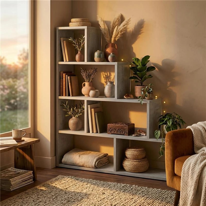 SCAFFALE A LIBRERIA DI DESIGN A SCALA L IN LEGNO DIMENSIONI 144X150X38 CM, COLORE CEMENTO