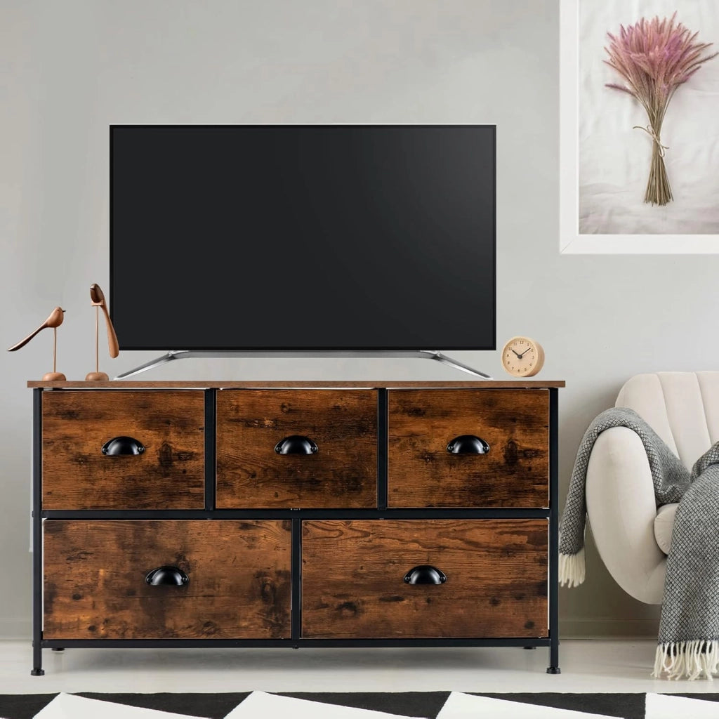 Cassettiera con 5 Cassetti e Armadietto a 2 Ripiani Pieghevoli in Tessuto - Credenza con Telaio in Metallo, 100 x 30 x 54 cm