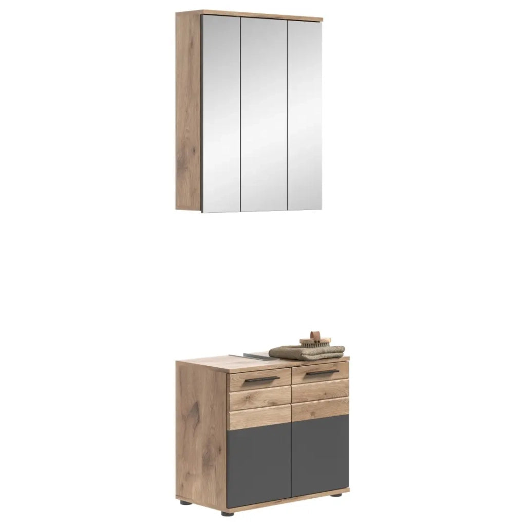 Set bagno: mobile sottolavabo + mobiletto di stoccaggio con specchi – Grigio antracite e rovere chiaro – SELMA